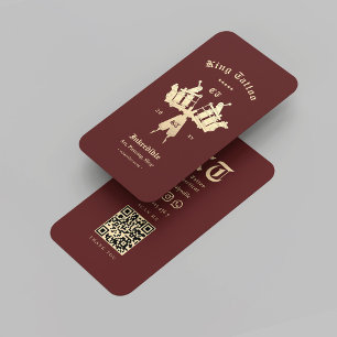 Modern Tattoo Artist Monogram Gold Dark Red QR Visitenkarte