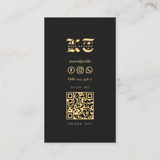 Modern Tattoo Artist Skull Monogram Black Gold Visitenkarte (Rückseite)