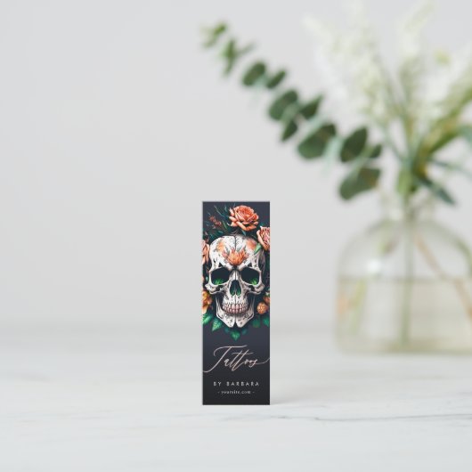 Modern Tattoo Artist Skull Rose Black Mini Visitenkarte (Stehend Vorderseite)