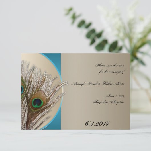 Modern Taupe Aqua Peacock Feather Save the Date (Stehend Vorderseite)