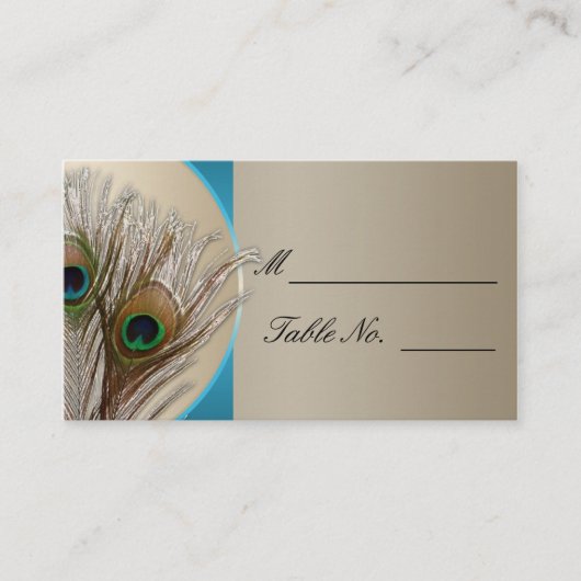 Modern Taupe Aqua Peacock Feather Weddin Platzkart Platzkarte (Vorderseite)