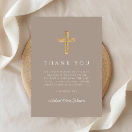 Modern Taupe Religious Cross Boy Confirmation Dankeskarte
