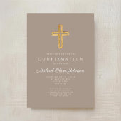 Modern Taupe Religious Cross Boy Confirmation Einladung