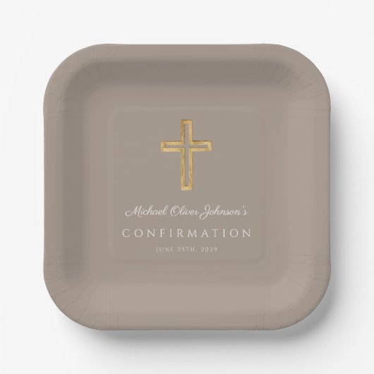 Modern Taupe Religious Cross Boy Confirmation Pappteller (Vorderseite)