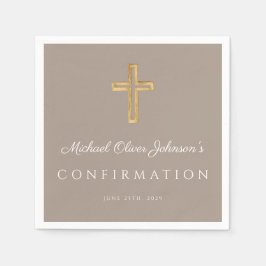 Modern Taupe Religious Cross Boy Confirmation Serviette