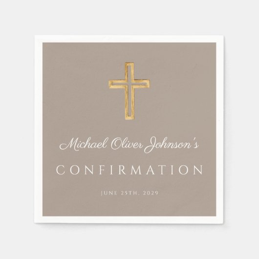 Modern Taupe Religious Cross Boy Confirmation Serviette (Vorderseite)