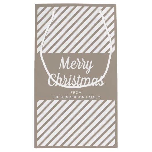 Modern Taupe Stripes Script Frohe Weihnachten Kleine Geschenktüte (Rückseite)