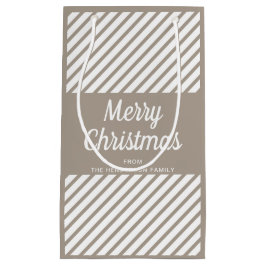 Modern Taupe Stripes Script Frohe Weihnachten Kleine Geschenktüte
