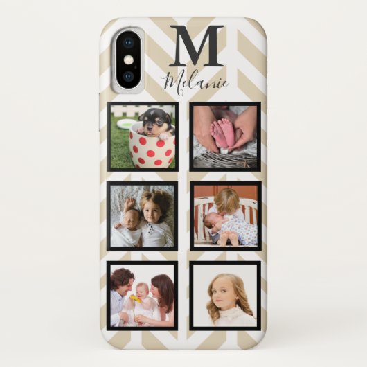 Modern Taupe White Herringbone 6 Foto und Monogram Case-Mate iPhone Hülle (Rückseite)