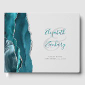 Modern Teal Blue Agate Silver Script Gray Gästebuch (Vorderseite)