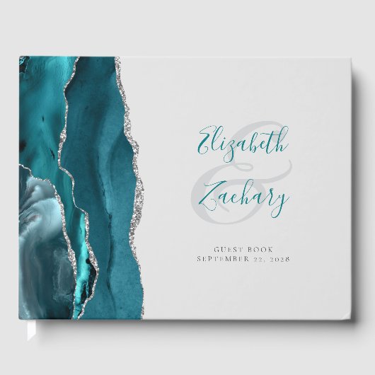 Modern Teal Blue Agate Silver Script Gray Gästebuch (Vorderseite)