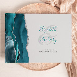 Modern Teal Blue Agate Silver Script Gray Gästebuch