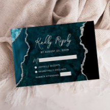 Modern Teal Blue Agate Silver Script Wedding RSVP