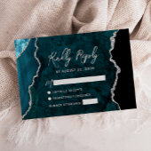 Modern Teal Blue Agate Silver Script Wedding RSVP Karte
