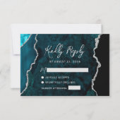 Modern Teal Blue Agate Silver Script Wedding RSVP Karte (Vorderseite)