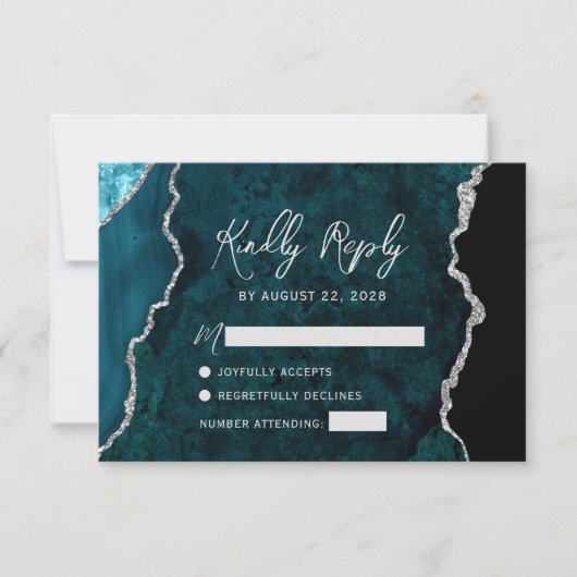 Modern Teal Blue Agate Silver Script Wedding RSVP Karte (Vorderseite)