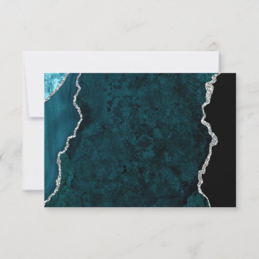 Modern Teal Blue Agate Silver Script Wedding RSVP Karte (Rückseite)