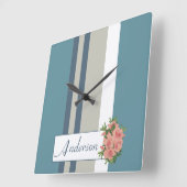 Modern Teal Blue and Tan Striped Floral Quadratische Wanduhr (Winkel)