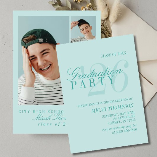 Modern Teal Blue Photo Graduation Party Einladung