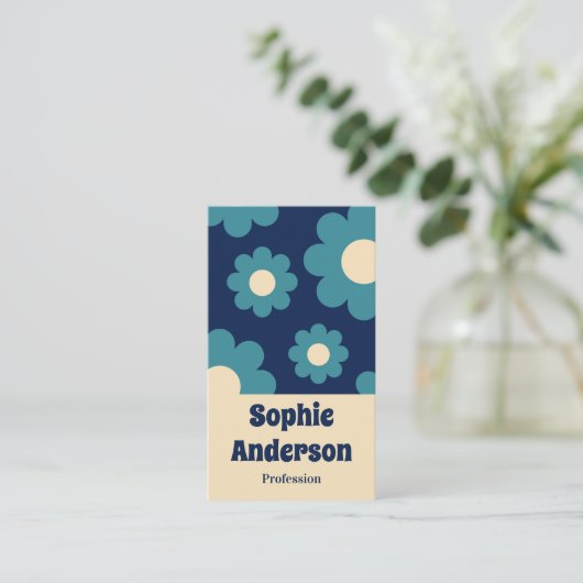 Modern Teal Blue Retro Floral Pattern with QR Code Visitenkarte (Stehend Vorderseite)
