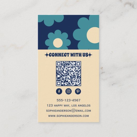 Modern Teal Blue Retro Floral Pattern with QR Code Visitenkarte (Rückseite)
