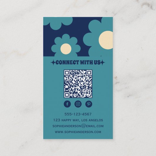 Modern Teal Blue Retro Floral Pattern with QR Code Visitenkarte (Rückseite)