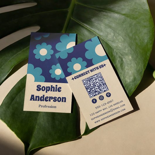 Modern Teal Blue Retro Floral Pattern with QR Code Visitenkarte