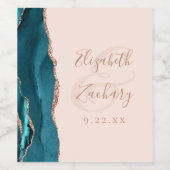 Modern Teal Blue Rose Gold Agate Blush Wedding Weinetikett (Einzelnes Label)
