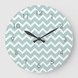 Modern Teal Blue White Chevron Clock gray numbers Große Wanduhr