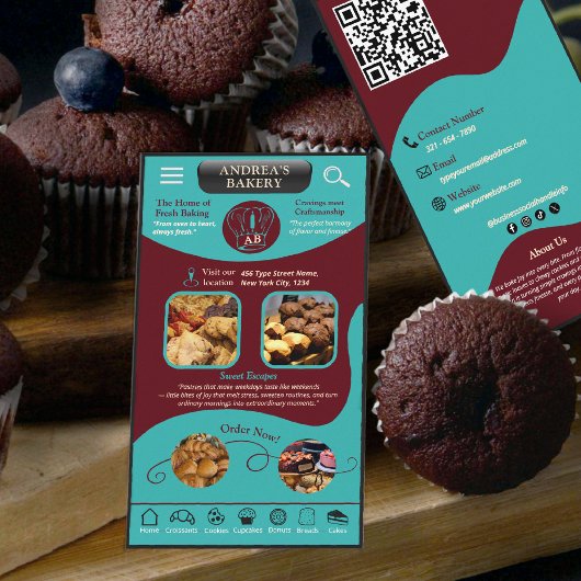 Modern Teal Burgundy Bakery Logo and QR Code   Visitenkarte