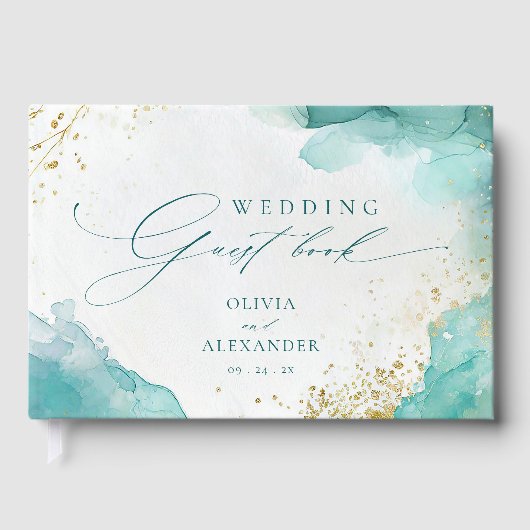 Modern Teal Gold Abstract Beach Wedding Gästebuch (Vorderseite)