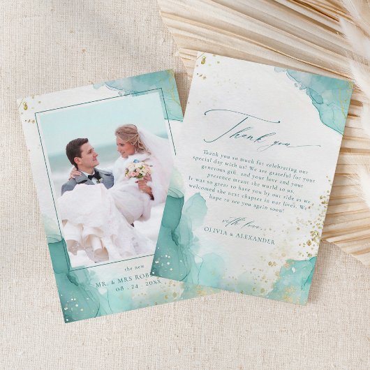 Modern Teal Gold Abstract Beach Wedding Photo Dankeskarte
