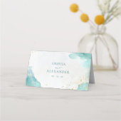 Modern Teal Gold Abstract Beach Wedding Platzkarte (Rückseite)