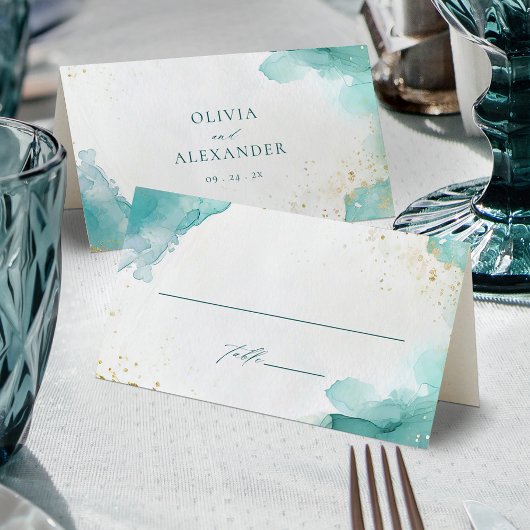Modern Teal Gold Abstract Beach Wedding Platzkarte
