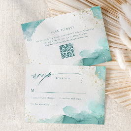 Modern Teal Gold Abstract Beach Wedding QR Code RSVP Karte