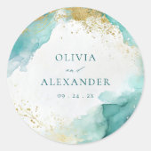 Modern Teal Gold Abstract Beach Wedding Runder Aufkleber (Vorderseite)