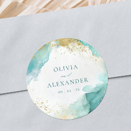 Modern Teal Gold Abstract Beach Wedding  Runder Aufkleber