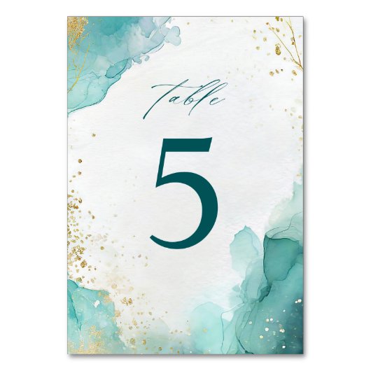Modern Teal Gold Abstract Beach Wedding Tischnummer (Rückseite)