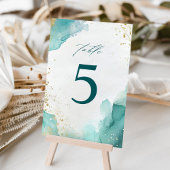 Modern Teal Gold Abstract Beach Wedding Tischnummer