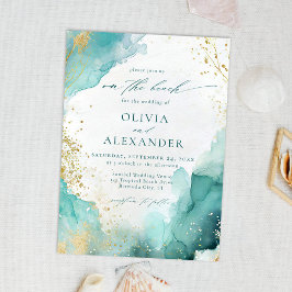 Modern Teal Gold Abstract On The Beach Wedding Einladung