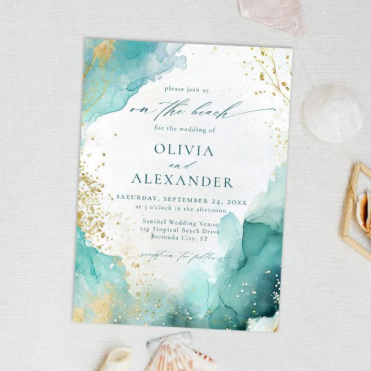 Modern Teal Gold Abstract On The Beach Wedding Einladung