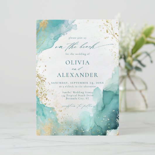 Modern Teal Gold Abstract On The Beach Wedding Einladung (Stehend Vorderseite)