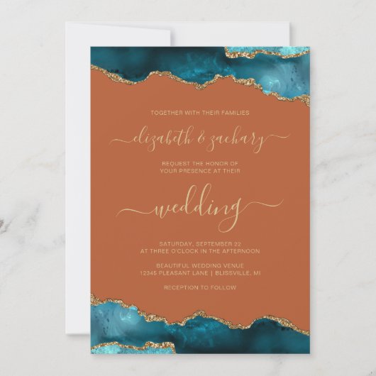 Modern Teal Gold Agate Script Burnt Orange Wedding Einladung (Vorderseite)