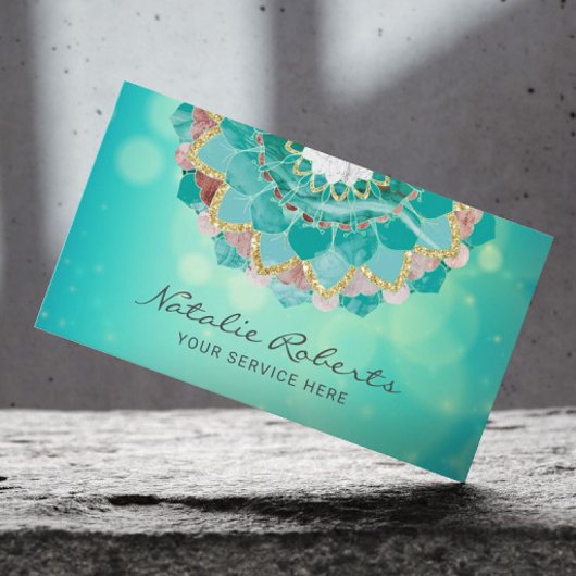 Modern Teal & Gold Mandala Flower Spa Salon Visitenkarte