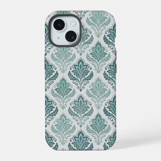 Modern Teal Nordic Damask iPhone 15 Hülle (Rückseite)