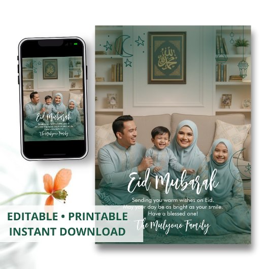 Modern Teal Overlay Family Photo Eid Mubarak Card Feiertagskarte
