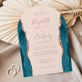 Modern Teal Rose Gold Agate Blush Arch Wedding Einladung