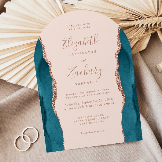 Modern Teal Rose Gold Agate Blush Arch Wedding Einladung