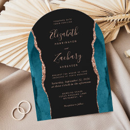 Modern Teal Rose Gold Agate Dark Arch Wedding Einladung
