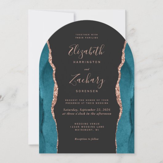 Modern Teal Rose Gold Agate Dark Arch Wedding Einladung (Vorderseite)